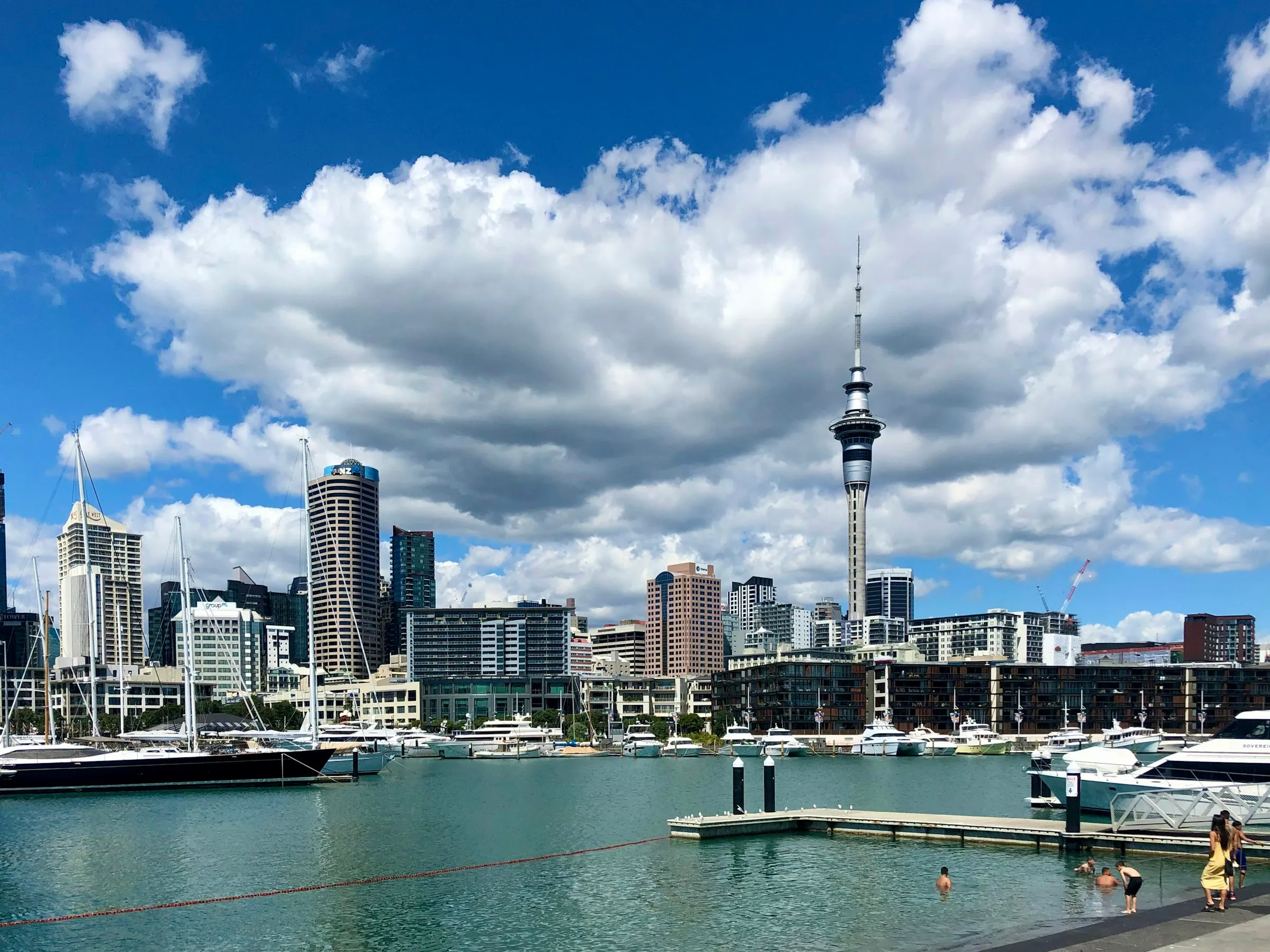 Auckland's CBD and Sky Tower under a blue sky