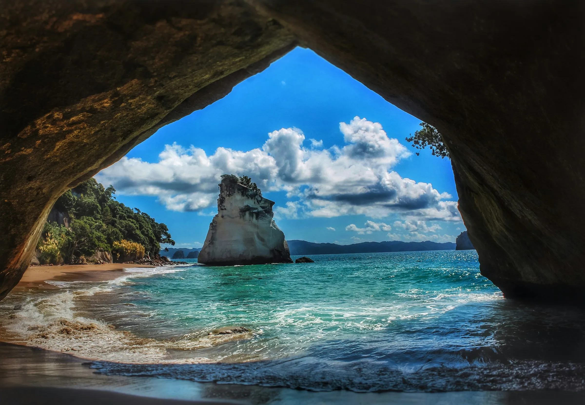 Cathedral Cove on the Coromandel Peninsula under a clear blue sky