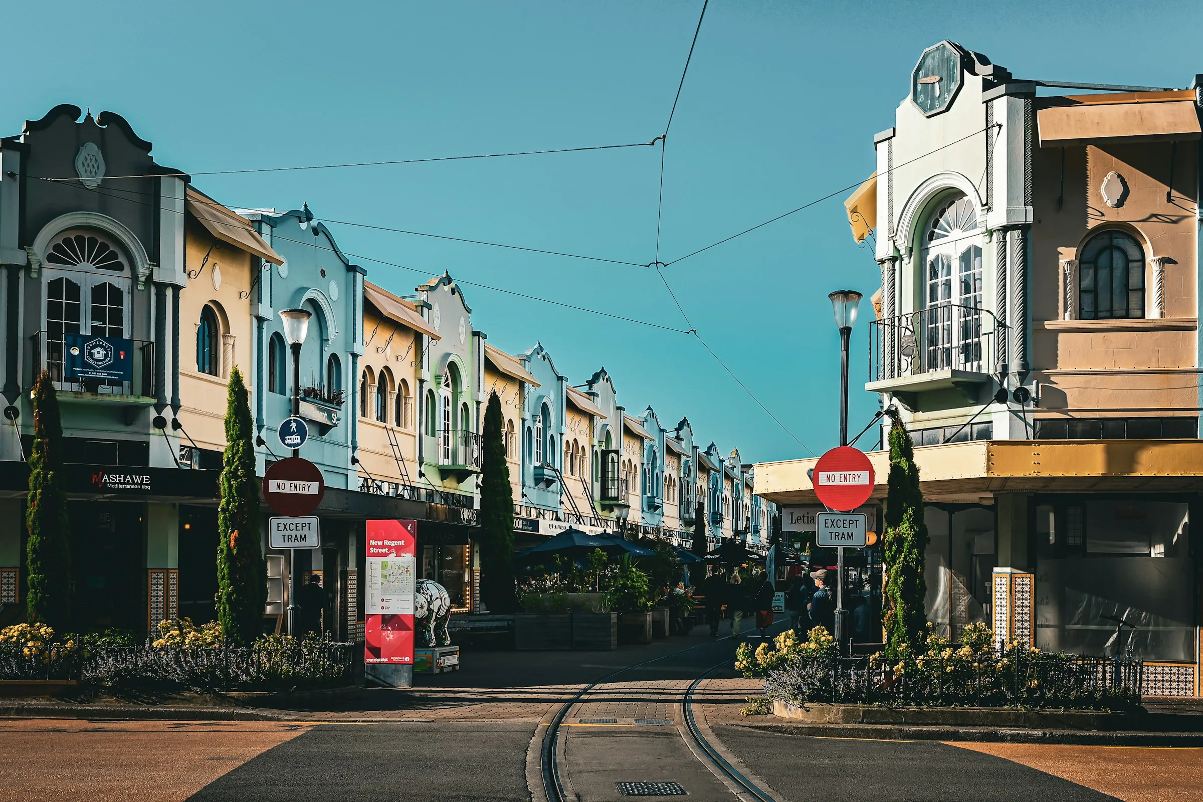 The pastel facades of Christchurch's New Regent Street in the sun