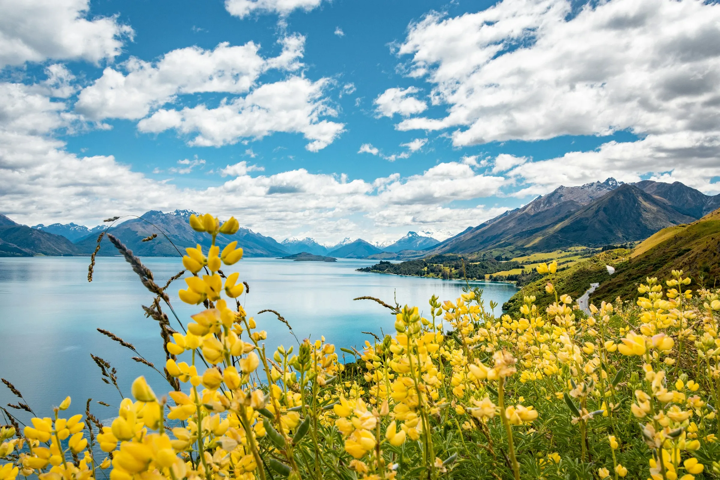 Lake Wakatipu and the mountains around Queenstown on a sunny day